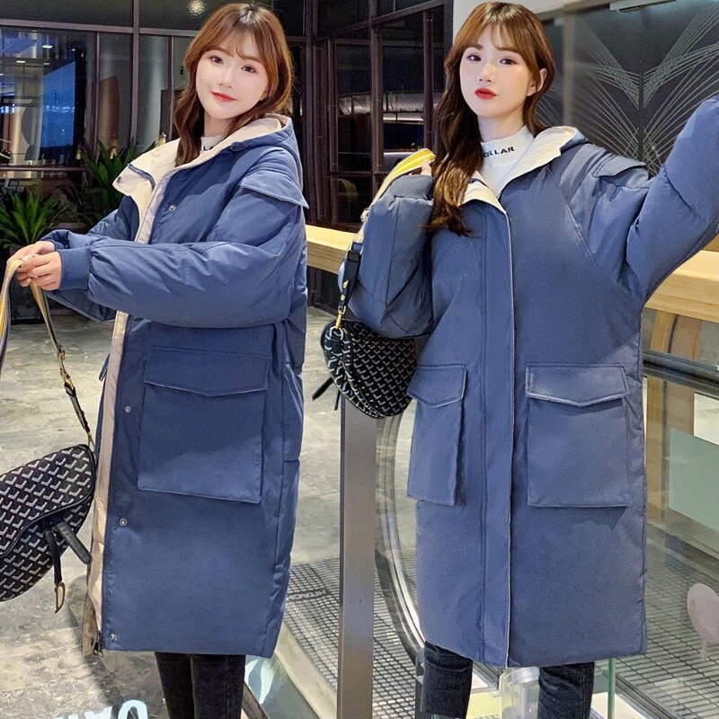 #39 vinterjakker x-lang vinterfrakk for kvinner hette korea-stil tykk solid stor lomme, løse parkas dame: Blå / S