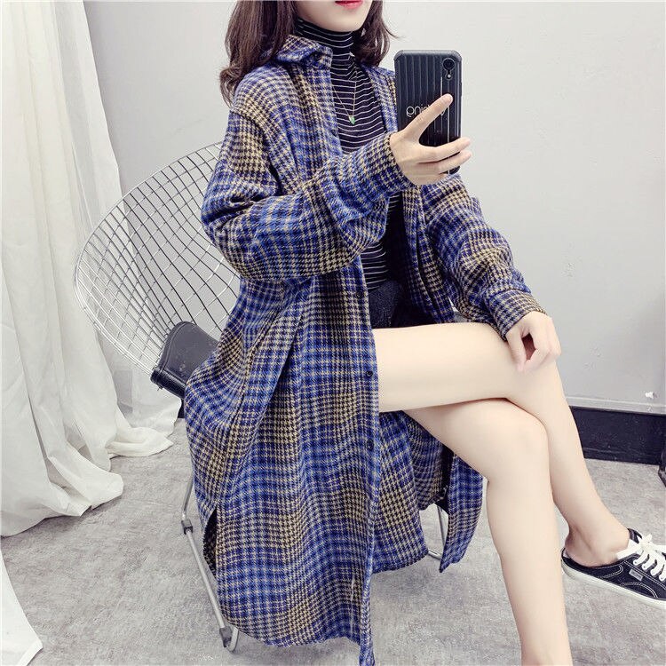 Trenchcoat kvinder efterår turn-down krave plus størrelse 3xl løs plaid chic kausal daglig streetwear lange frakker dame bf: Blå / Xxxl