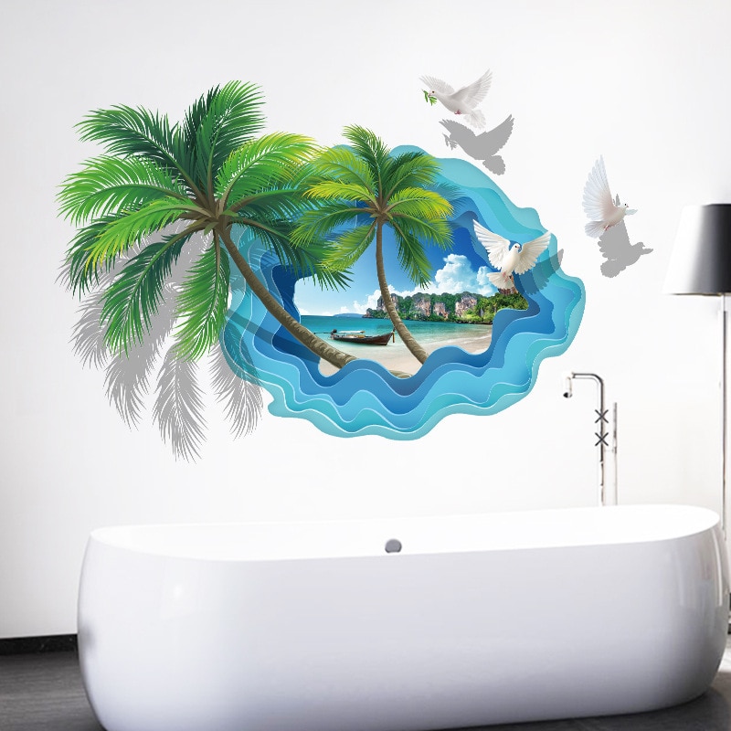 Coconut Palm Tree Muurstickers Voor Badkamer Slaapkamer 3D View Home Decor Mode Strand Landschap Art Wallpapers Waterdicht