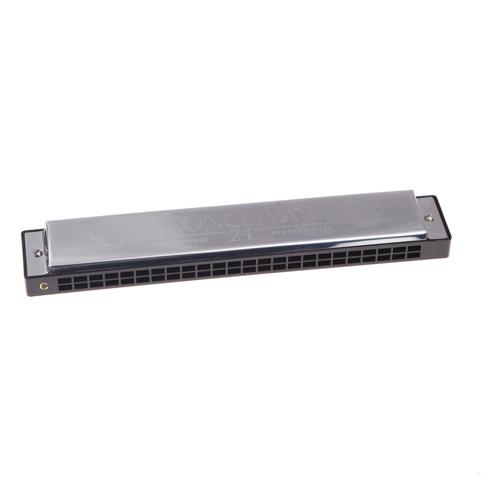 Tremolo Harmonica Mouth Organ 24 Double Holes with 48 Reeds Key of C Free Reed Wind Instrument with Silver Case