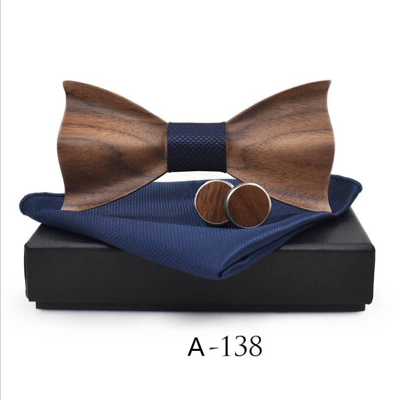RBOCOTT pajarita de madera hecha a mano juego de gemelos y pañuelo pajarita 3D para hombres bolsillo de madera cuadrado con caja de para la boda de los hombres: A138
