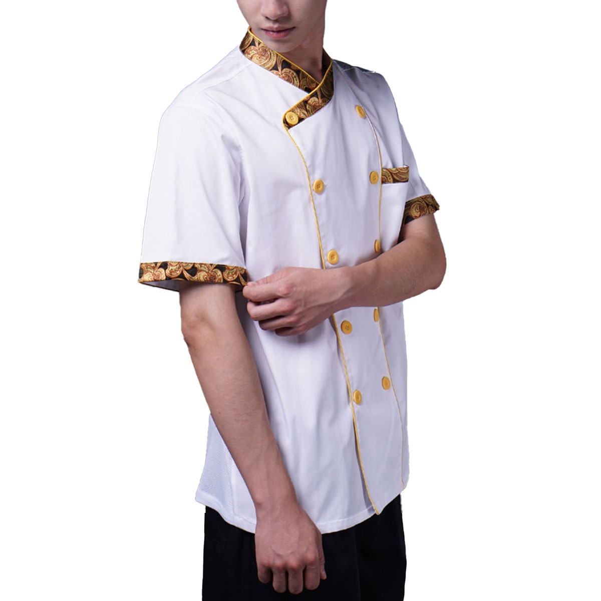 Chef Jacket Men Chef Coat Flower Print Collar Short Sleeve Chef Uniform Double Breasted Restaurant Kitchen Working Jacket