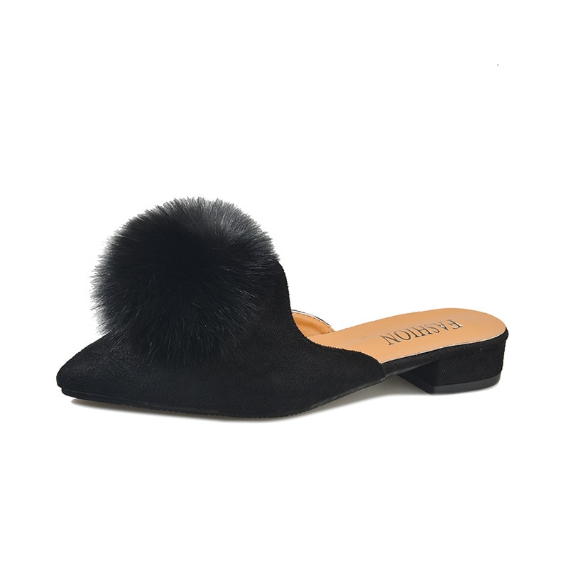 Merk pompon muiltjes schoenen dames slippers bontbal slippers dames puntige neus muiltjes sandalen platte slippers winter pluizige bont schoenen