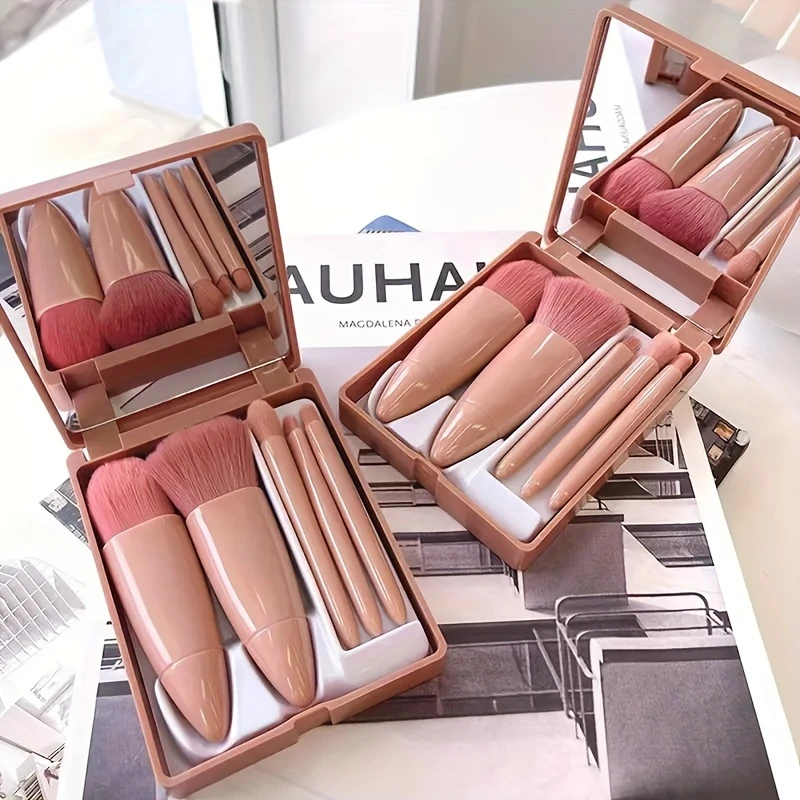 5-teiliger Kosmetikpinsel, tragbarer Make-up-Pinsel für unterwegs, mit Spiegelbox, Make-up-Set, Pinsel, loser Pinsel, Rougepinsel, Lidschattenpinsel