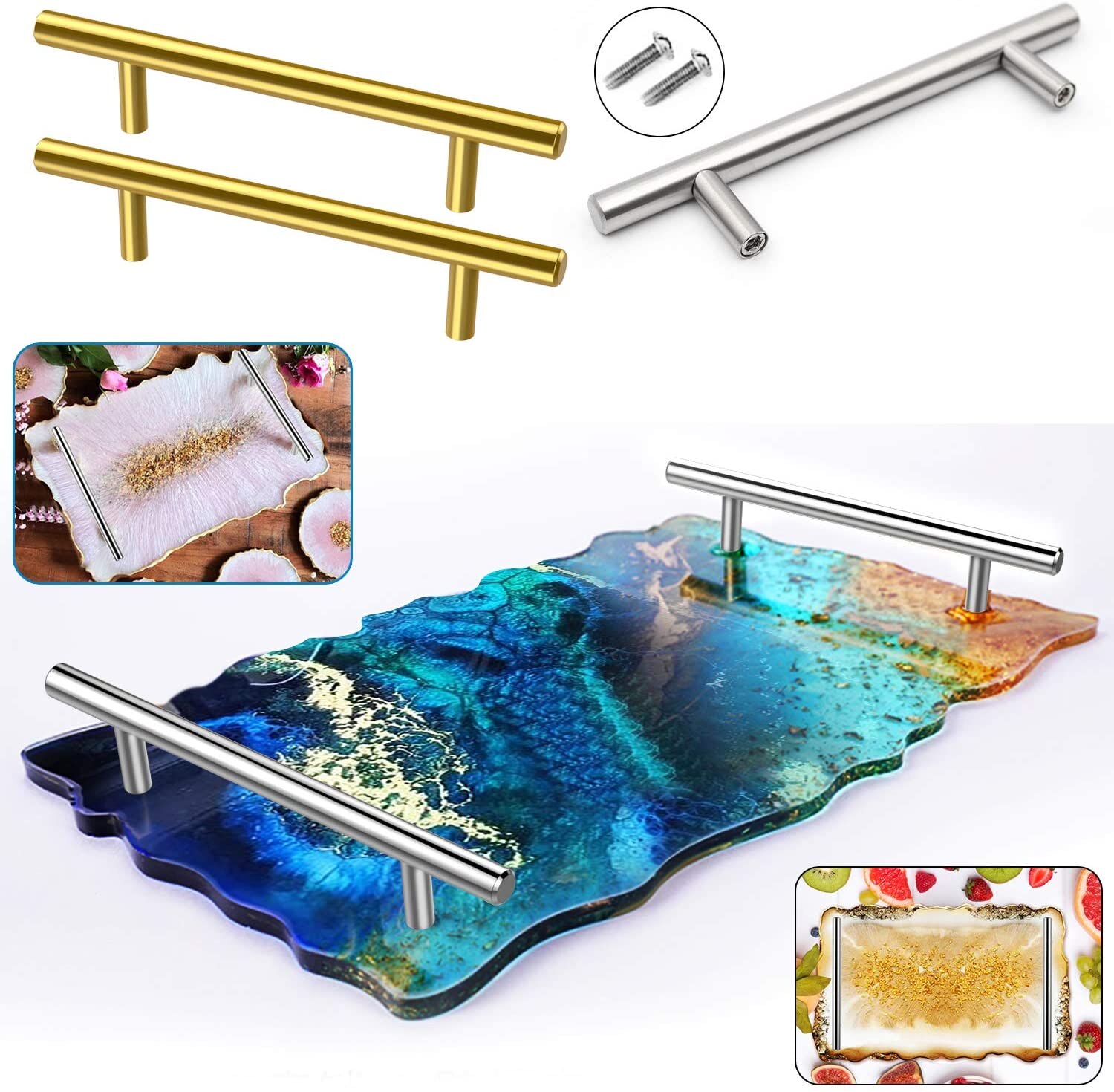 8 PCS Gold Silver Handles Resin Tray Molds Handles Epoxy Tray Handles Hardware Stainless Steel for Silicone Serving Tray Handles