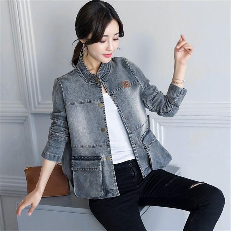 Chaqueta vaquera holgada de manga larga para mujer, abrigo informal Vintage con cuello levantado, ropa de calle, primavera y otoño,