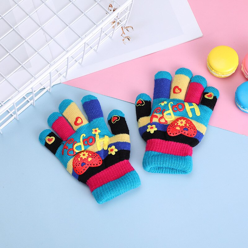 Guantes para niños con estampado de corazones y estrellas, para bebés, coloridos, de invierno, tejidos, cálidos: E