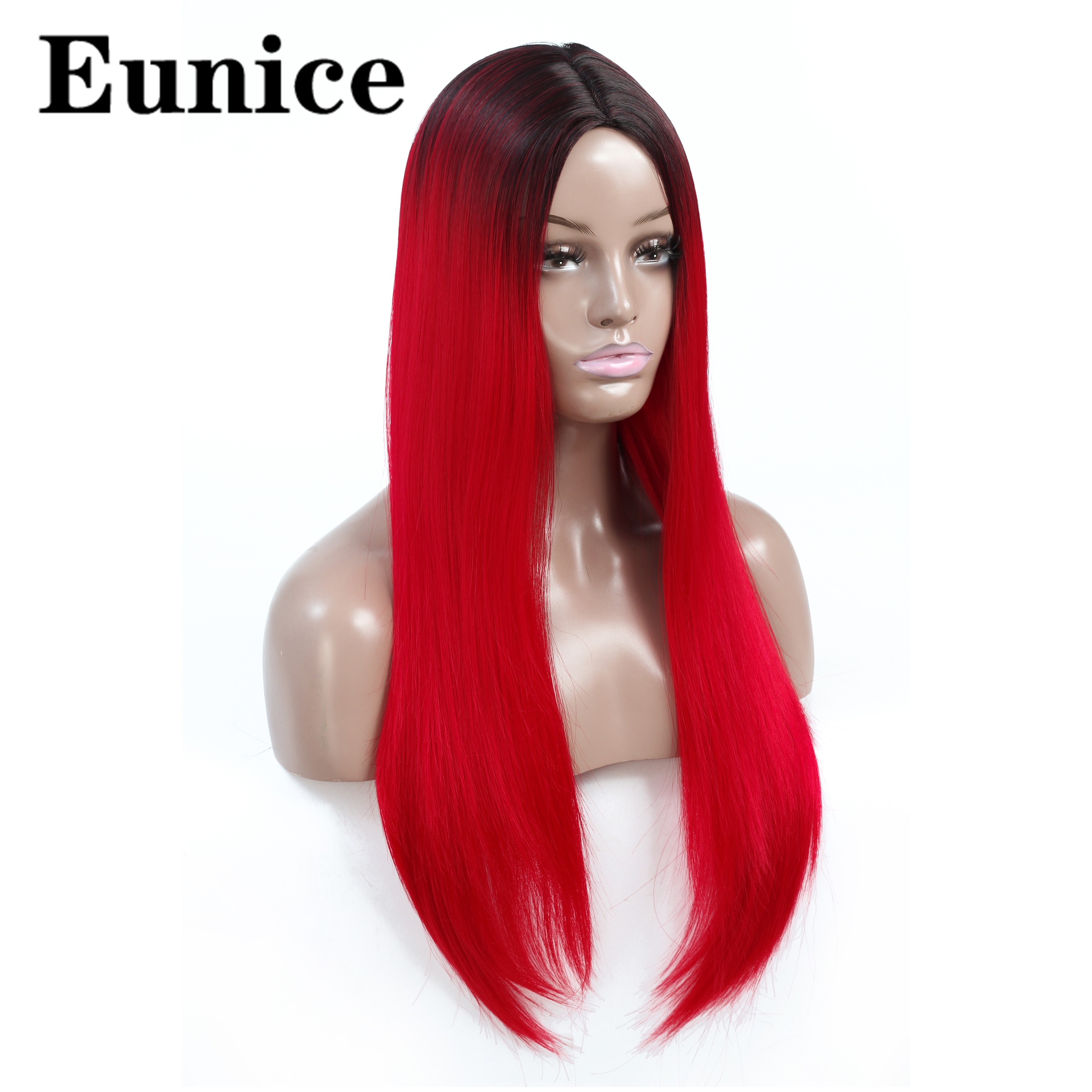 Ombre syntetisk peruk långa raka svarta peruker för kvinnor naturligt svart rött hår peruk mittdel regnbåge cosplay peruker eunice hår