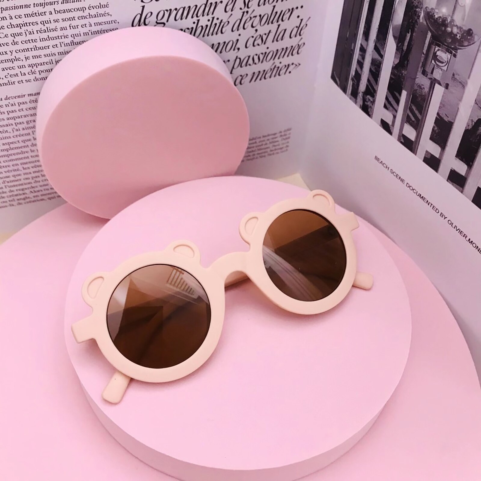 Gafas De Sol – lunettes De soleil UV400 pour enfants, De lunettes De soleil avec monture ours De dessin animé pour garçons: Beige