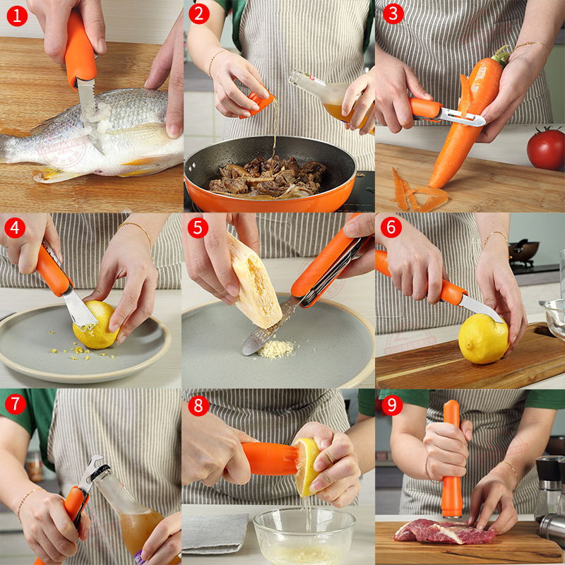 9-in-1 Multifunction Kitchen Tools Multifunction Bar Tool Opener Home Gadget Manual Lemon Juicer Meat Hammer Cooking Tools