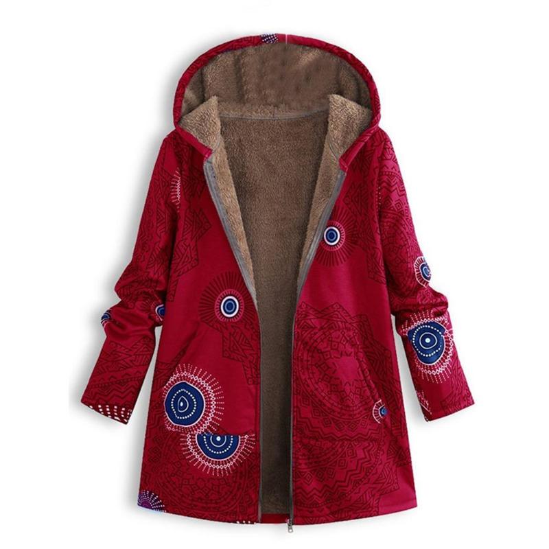 Womens Casual Winter Coat jacket Warm velvet Outwear Floral Print Hooded Pockets Zipper Print Ethnic Style Outwear: Red / XL