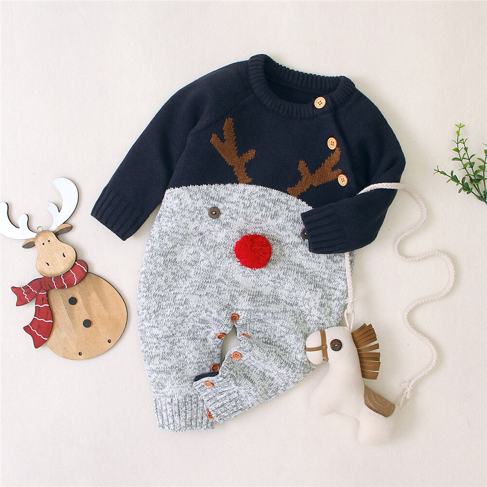 Jongens Meisjes Kerst Rompertjes Rendier Gebreide Ronde Kraag Vest Jumpsuits Baby Jaar Kostuum Kid Warme Wollen Kleding 0-2Y: Blauw / 0-3M