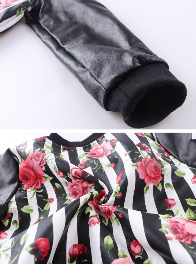 Veste en pu pour filles | Manteau pour enfants de 3 à 9 ans, col rond, manches longues, impression de fleurs rayées, camouflage mosaïque, tout assorti