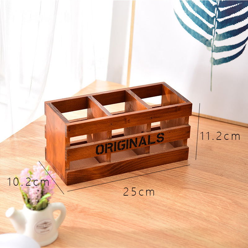 Solid Wood Desktop Tv Remote Control Storage Hollow Desk Pencil Holder Office School Desk Organizer Supplies: Type1 Brown