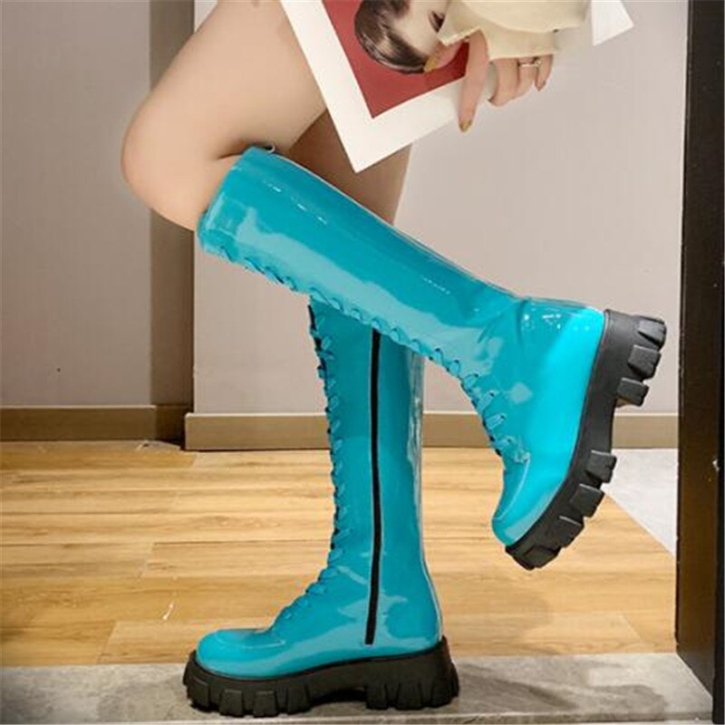 Herfst Night Club Hoge Hakken Schoenen Vrouwen Kniehoge Laarzen Lakleer Platform Laarzen Winter Lange Motorlaarzen Vrouw zwart