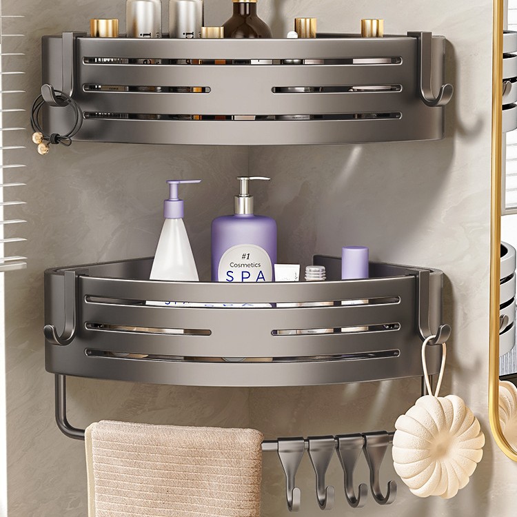 1-2PCS Shower Corner Shelf with Hook Towel Bar No Drill Space Aluminum Shower Storage Rack Bathroom Organizer: Dark Khaki
