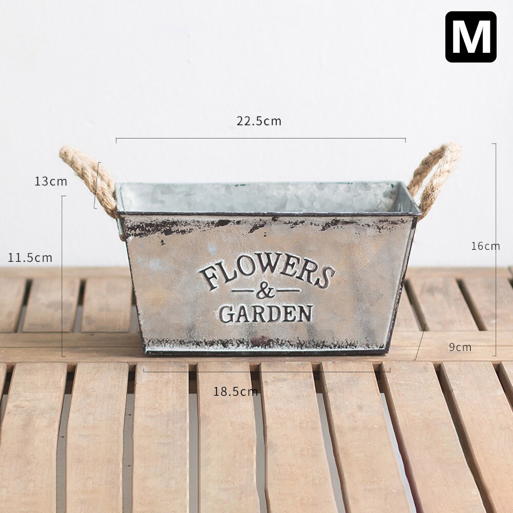 Flowers Garden Twine Handles Iron Vase Succulent Plant Container Balcony Decor Retro Bucket Metal Succulent Plant Container