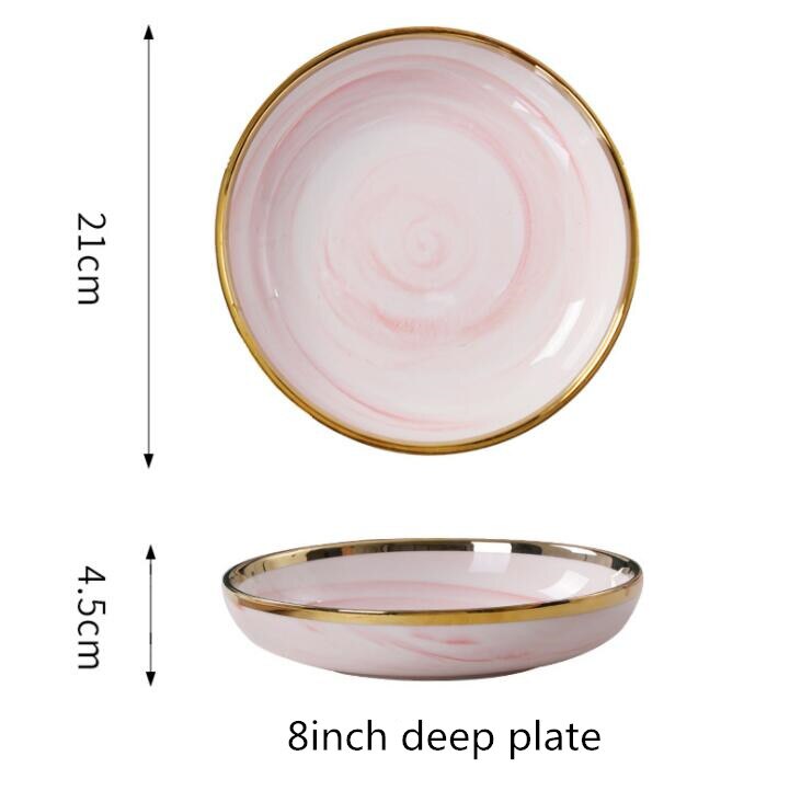 Double-sided Gilt Rim Pink Marble Pattern Porcelain Dinner Plate Salad Noodles Bowl Spoon Ceramic Kitchen Tableware 1Pcs: 8inch deep plate