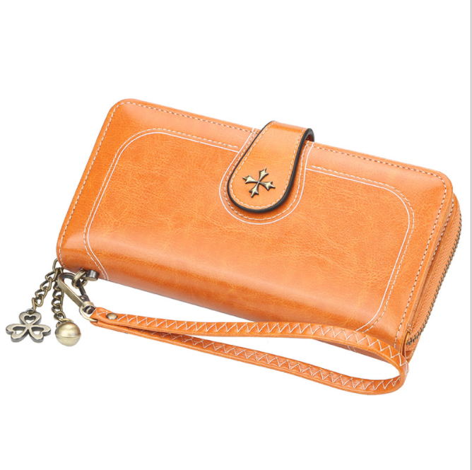 JOYHO Grote Capaciteit Vrouwen Clutch Split Leer Vrouwelijke Lange Portemonnee Vrouwen Rits Portemonnee Bloem Hardware Strap Hollow Out: Ancient Yellow