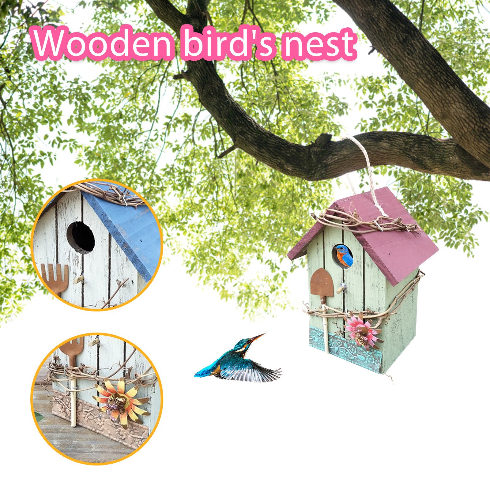 Wooden Bird House Nesting Box Hanging Bird Nests Net Cage Accessories Easy Cleaning Seed Bird Cage Home Garden Decoration