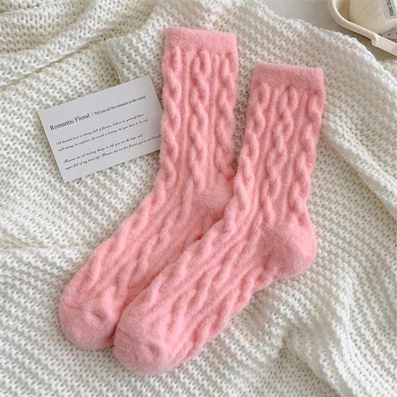 Calcetines cálidos para mujer, japonesa de invierno, calcetines mullidos de Color sólido para niñas, calcetines gruesos y bonitos para el hogar, calcetines suaves Kawaii para otoño: Rosa