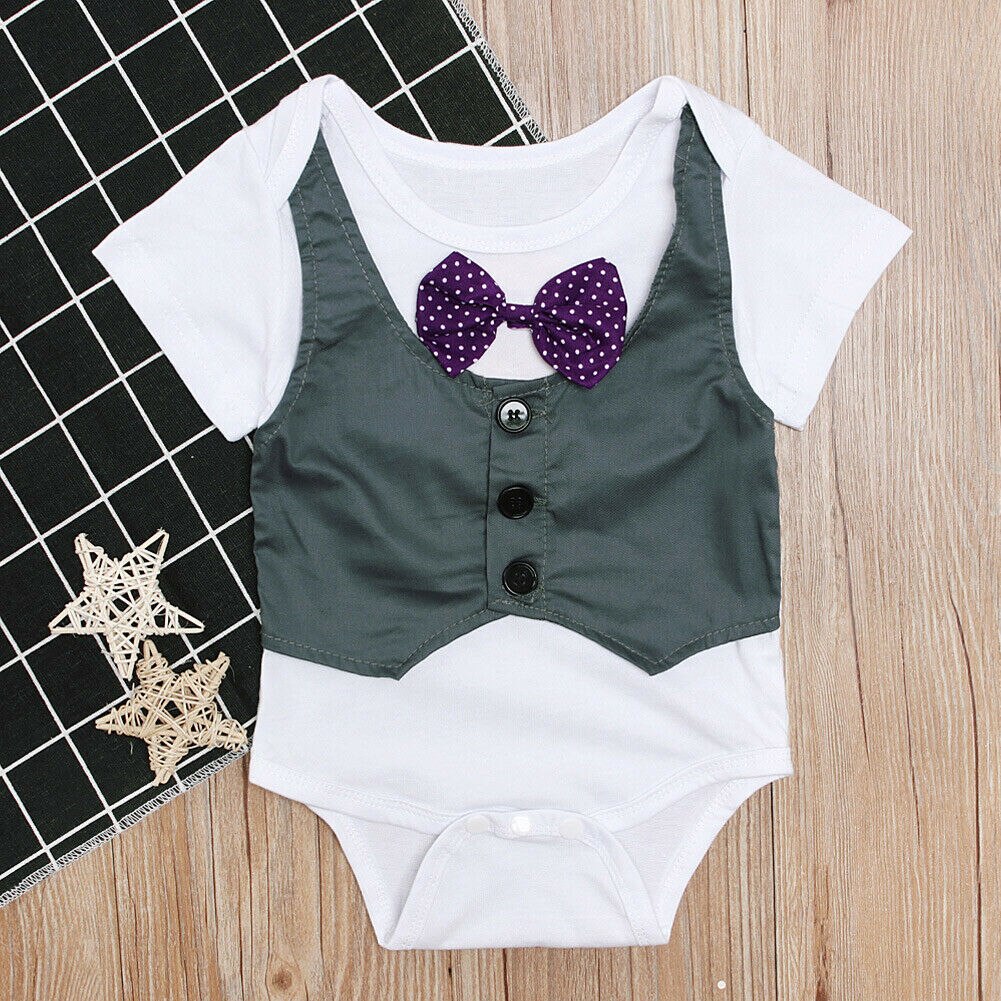 niños ropa de verano niño bebé Caballero mono manga corta Patchwork Bowknot algodón traje 0-3Y