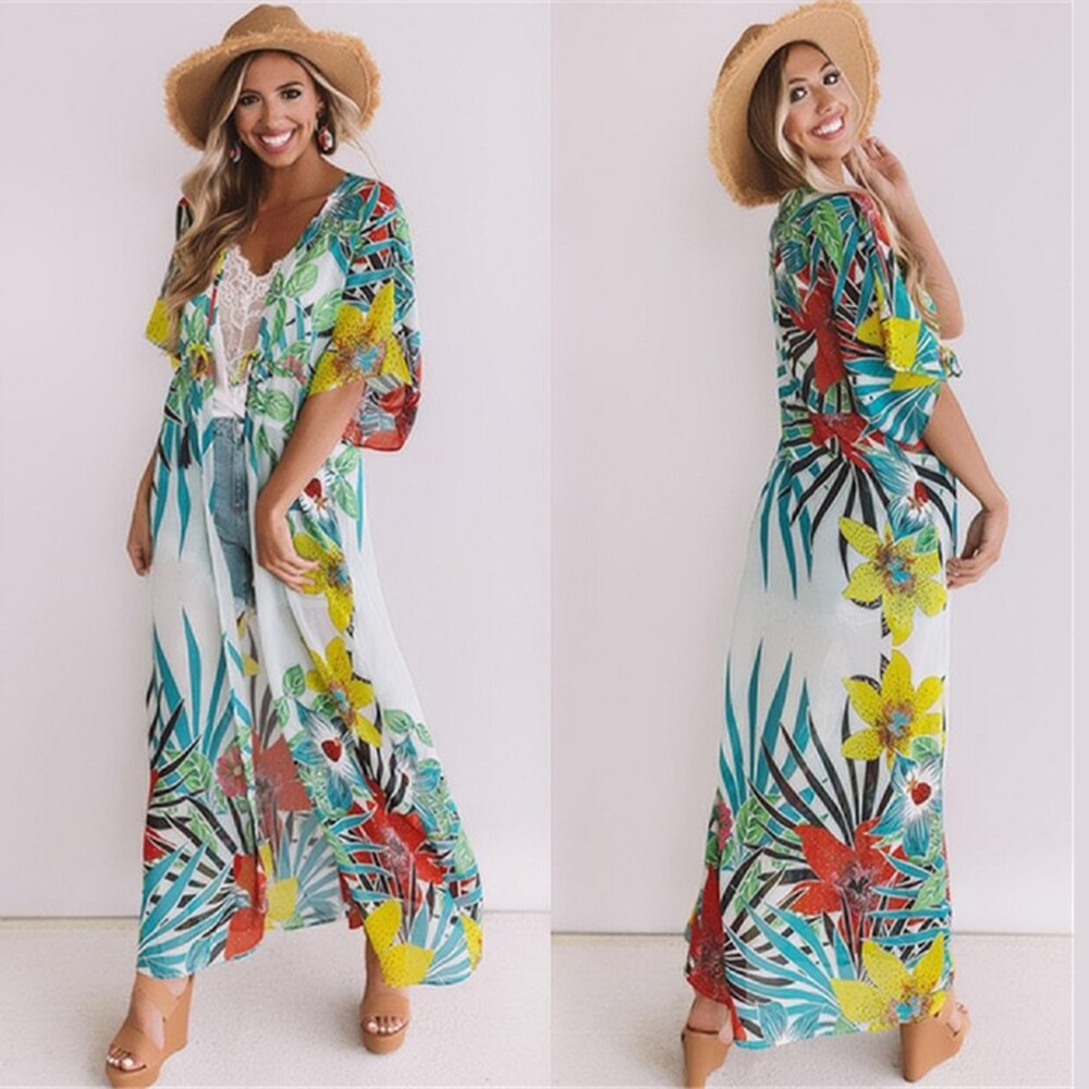 Túnica de playa para mujer, vestido bohemio con estampado Floral, vestido envolvente de playa para mujer, ropa de playa de algodón con abertura en la parte delantera, Pareo Sarong Plage