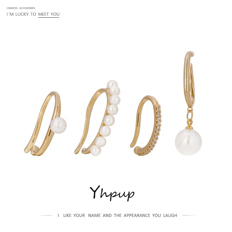 Yhpup, perlas de imitación, conjunto de pendientes con Clip para oreja, para mujer, Metal dorado, pendientes sin perforación, de joyería geométrica a la ,