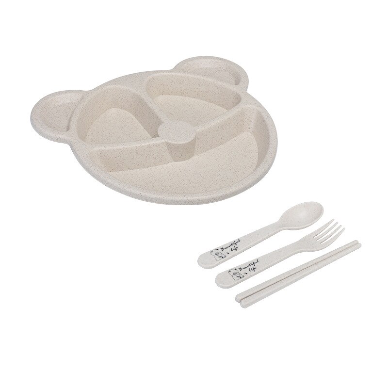 Cute Cartoon Baby Feeding Tableware Children Training Bowl With Spoon Fork Chopsticks Infant Kids Feeding Dinnerware MBG0531: 4Pcs-Beige