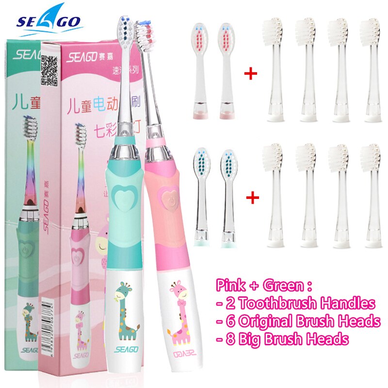 SEAGO Kinder Sonic Elektrische Zahnbürste Betriebene Wasserdichte LED Licht für 3-12 Alter Kinder Smart-Timer 3 Weichen Borsten pinsel Köpfe: 2 Sets and 8Big
