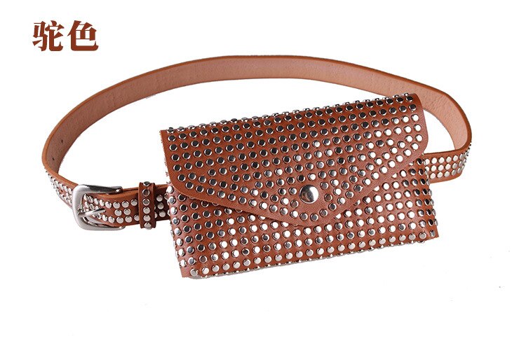 Mujeres remache cuero cintura bolsa PunkK cintura bolsa embrague remache hombro bolso bandolera bolso a la para mujeres: Marrón