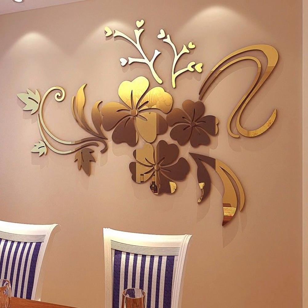 Exquis or/argent couleur fleur 3D miroir Stickers muraux amovible décalcomanie Art Mural maison chambre TV fond décoration