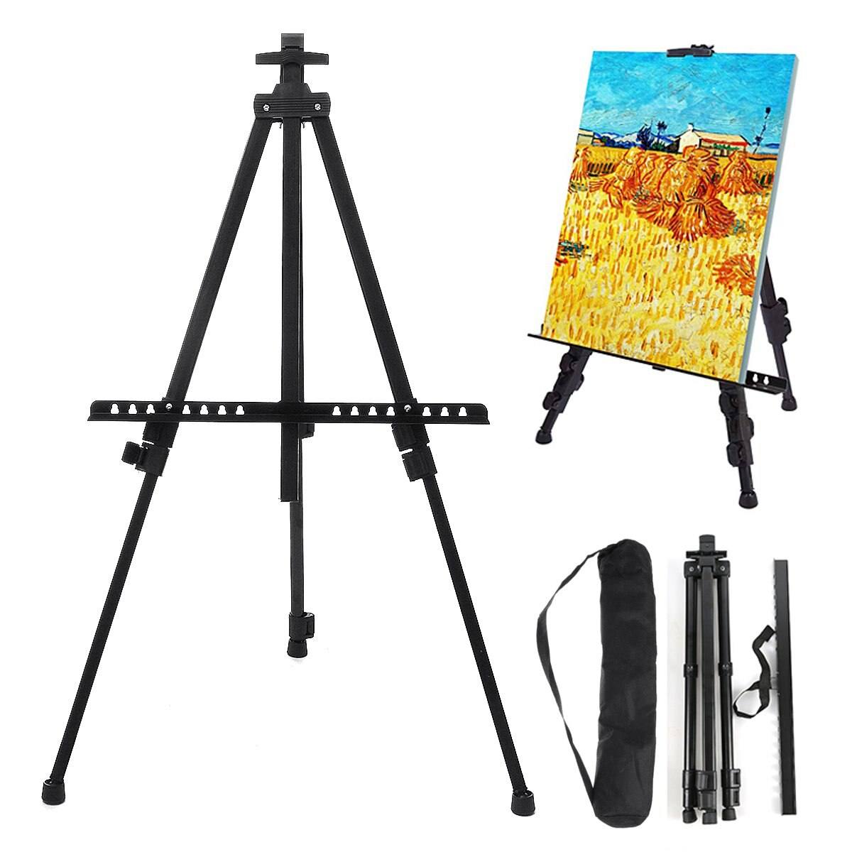 Folding Iron Easel Stand Tripod Adjustable Height Lightweight Sturdy Painting Display Portable Sketching Rack with Carrying Bag