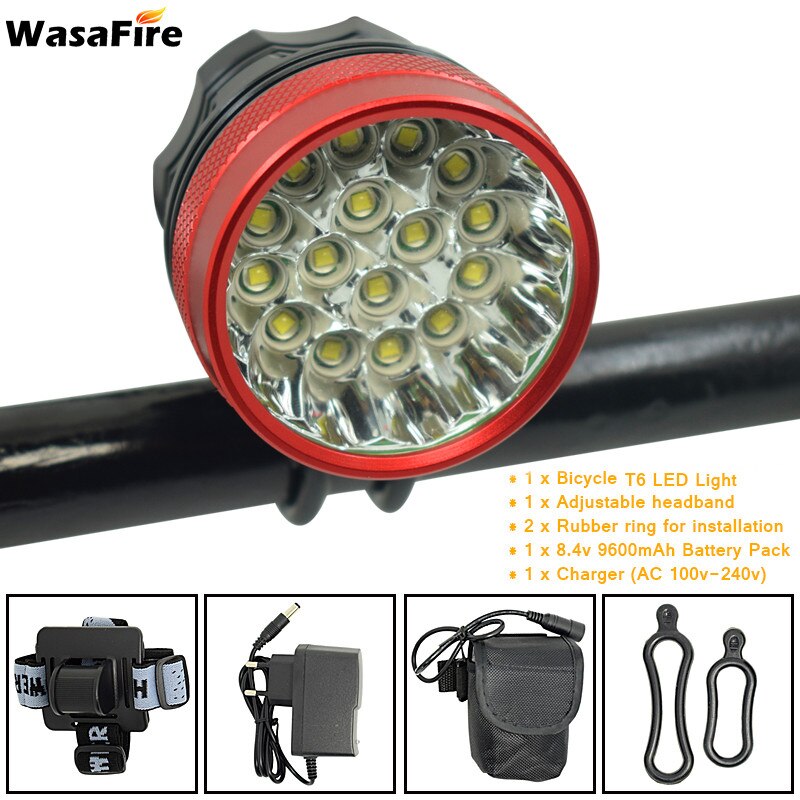 WasaFire 40000 Lumen 16 * T6 LEDs Fahrrad Lampe Fahrrad Front Licht Lauf Scheinwerfer Reiten Radfahren Roller Taschenlampe luz bicicleta: Red 9600mAh Band