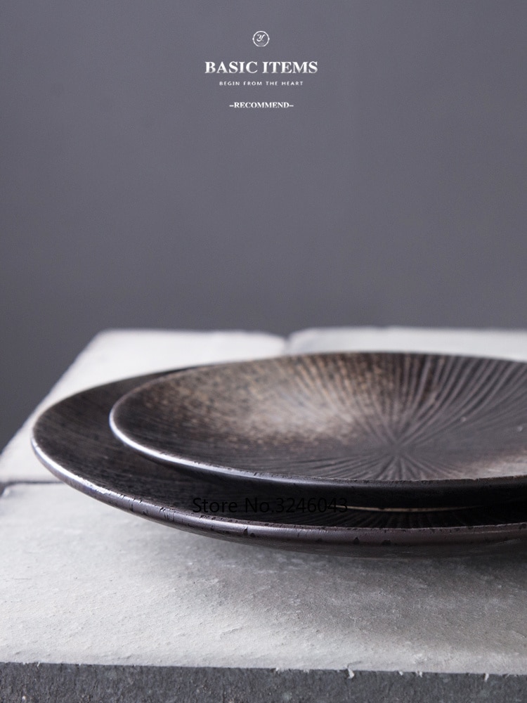 Japansk keramik vestlig ret pasta bøffad rund skål frugtskål sort krat servise tallerken sæt