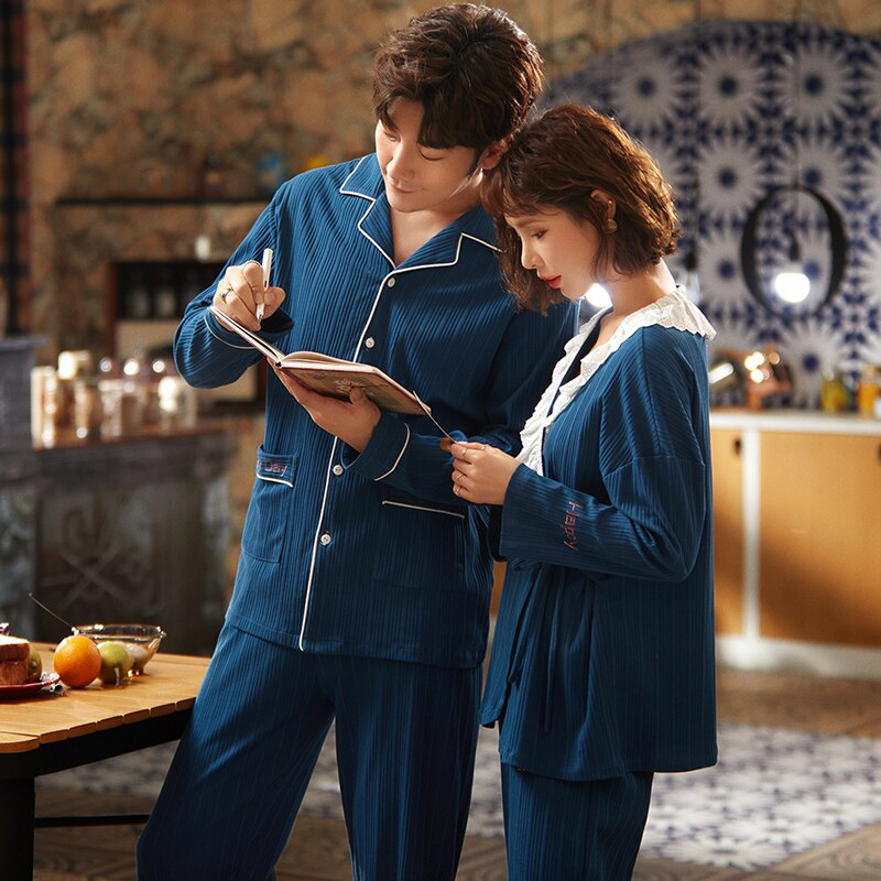 Pijama de algodón para parejas, primavera y otoño, estilo coreano, cuello de solapa, cómodo, de dos piezas, para hombre