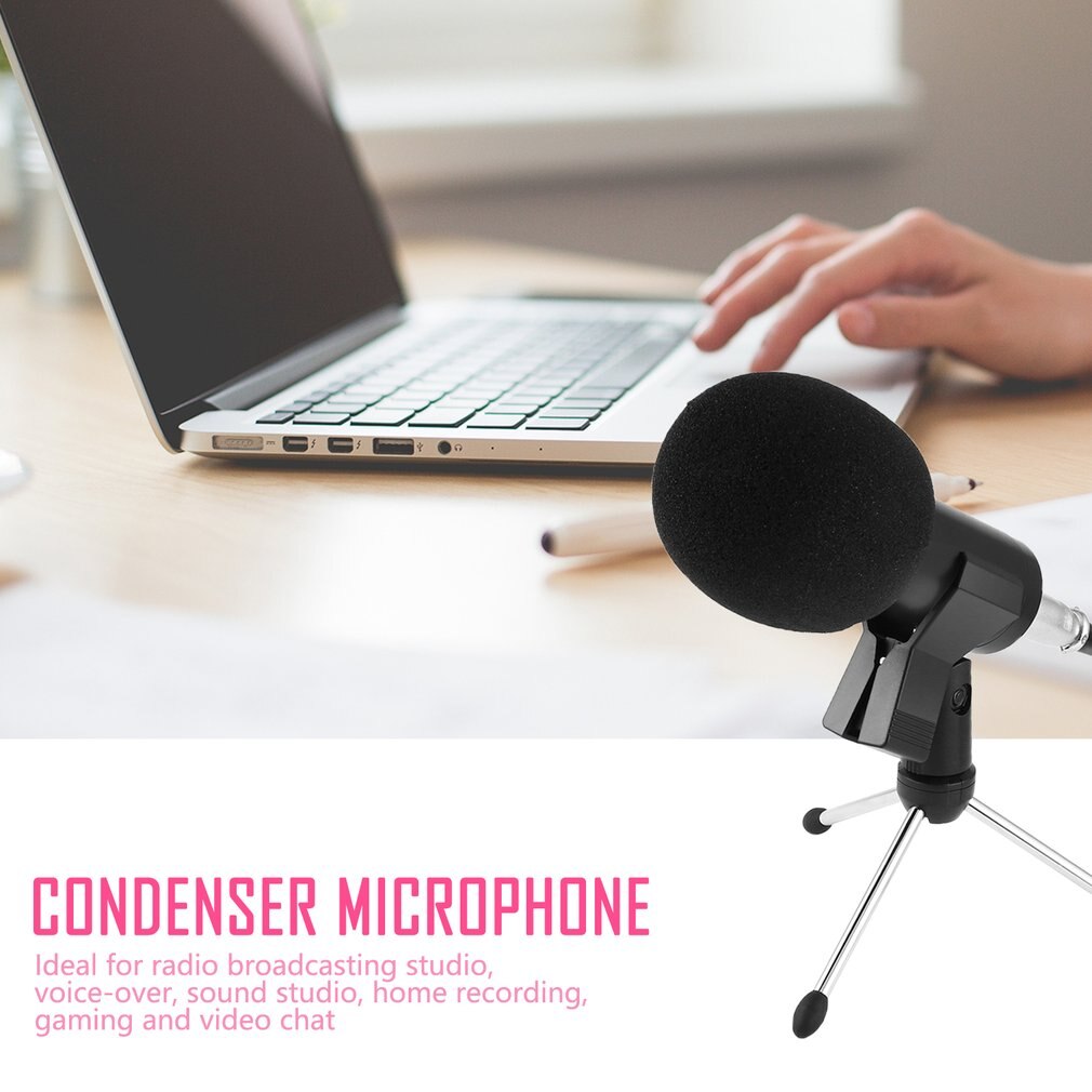 Handheld Condenser Microphone Computer Microphone Stand Tripod Wired 3.5mm Jack For Recording Studio Round Flat