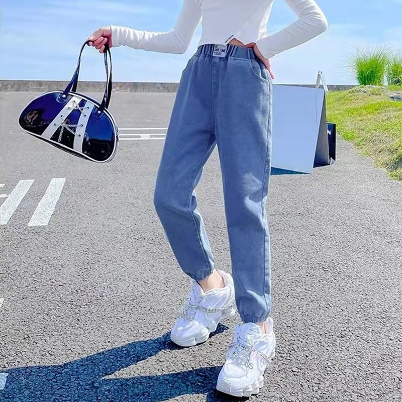 Simple Girl Spring Autumn Casual Denim Trousers Foreign Flavor Baby Girl Out Wear Trousers Loose All-match Denim Trouser