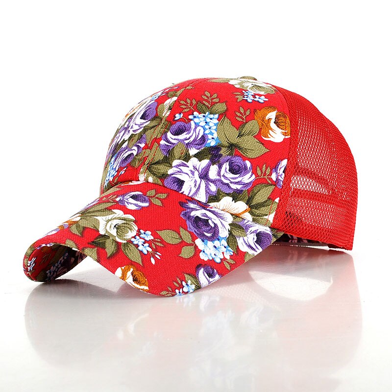 Floral Snapback Hats for Women Summer Breathable Mesh Baseball Caps Gorras Adjustable Girls Sun Trucker Hat: red