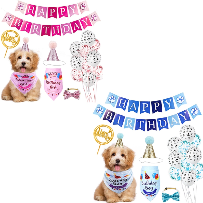 HAPPY HACHI Hond Verjaardag Bandana Meisje Paars, Driehoek Hond Sjaal Katoen Wasbare Biedingen Strikjes Geweldig voor Huisdier Hond Puppy Doggie Verjaardag Outfit, Gift en Party Decoratie Set