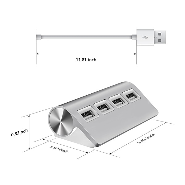-USB HUB, Premium 4 Port Aluminum USB Hub with 11 inch Shielded Cable for iMac, MacBooks, PCs and Laptops