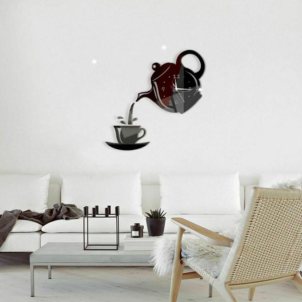 3D Wandklok Muurstickers Acryl Koffiekopje Theepot Muur Spiegel Diy Keuken Lijm Klok Thuis Woonkamer Decoratieve Se n4M7