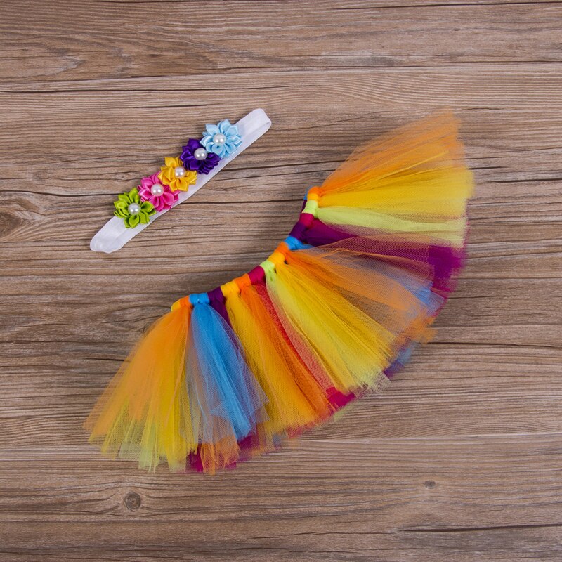 Leuke Pasgeboren Baby Meisje Regenboog Photoshoot Props Tule Rok Nylon Garen Hoofdband 2 Stuks Baby Kleding Voor 0-3M