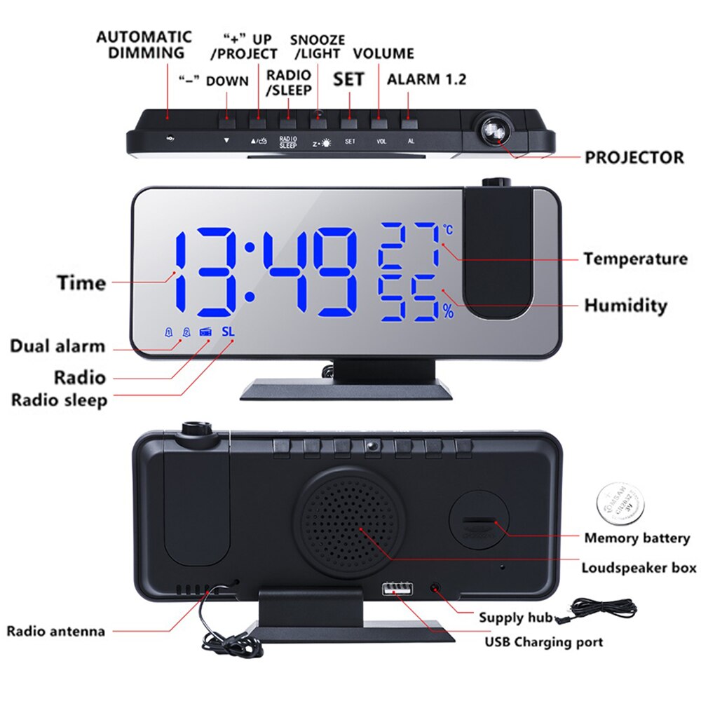 180° LED Projection Digital Alarm Clock for Bedroom Ceiling with USB Phone Charging Dimmer DST Snooze Function for Heavy Sleeper
