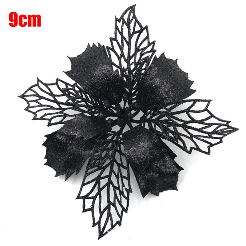 10 Pcs Christmas Poinsettia Glitter Flower Hollow Tree Hanging Decoration for Home Party DC120: Black-9cm