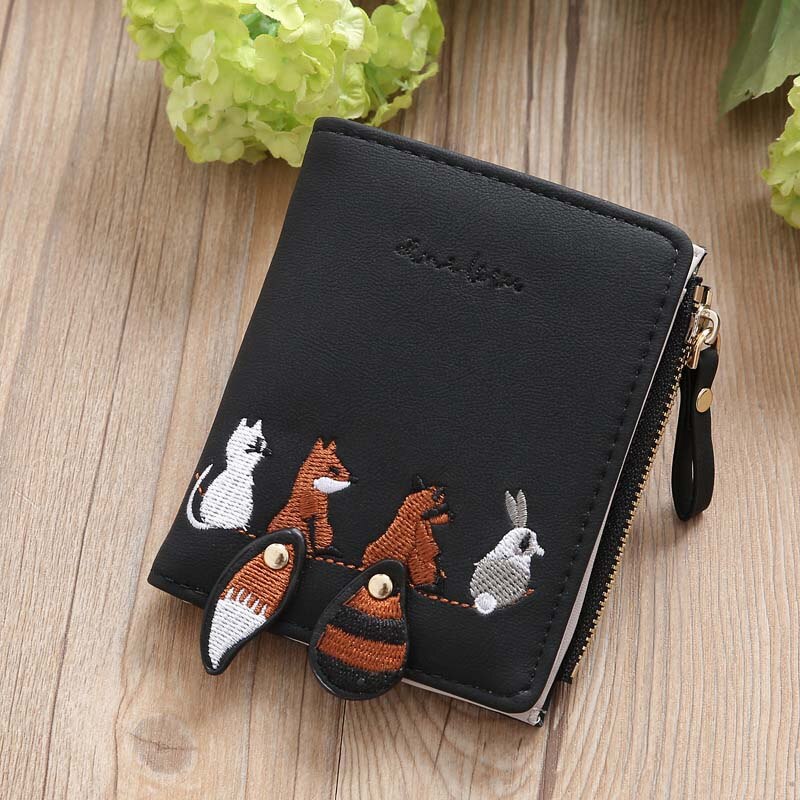 1pc damen-geldbörsen mit niedlichen Karikatur-tieren, kurze leder-geldbörse, kleines münzfach, reißverschluss, kartenhalter für mädchen: Schwarz