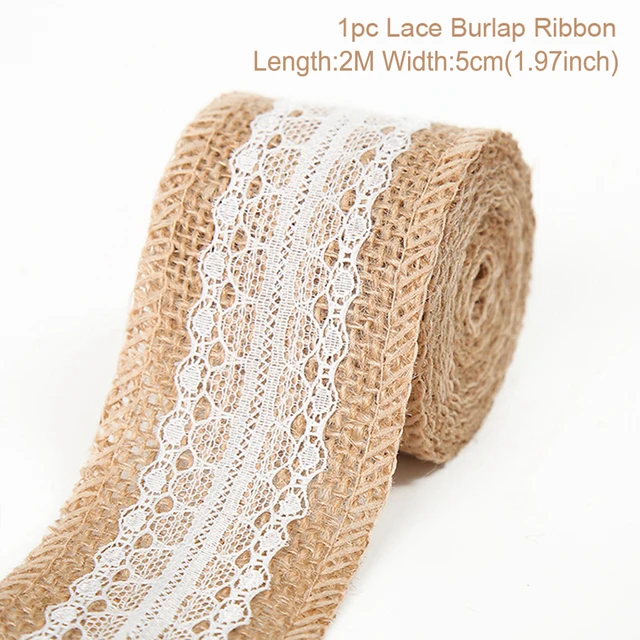 Cinta de encaje de arpillera de yute Natural de 2 metros y 5cm con borde de encaje blanco, decoración rústica de boda para boda, cintas artesanales con lazo DIY: NICKEL