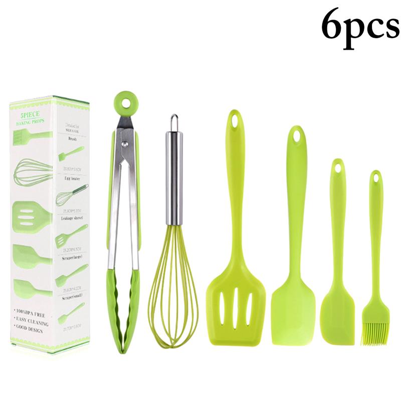 6 unids/set juego de utensilios de cocina resistente al calor de silicona de grado de alimentos utensilio de cocina utensilio para hornear accesorios de utensilios para cocina: Green