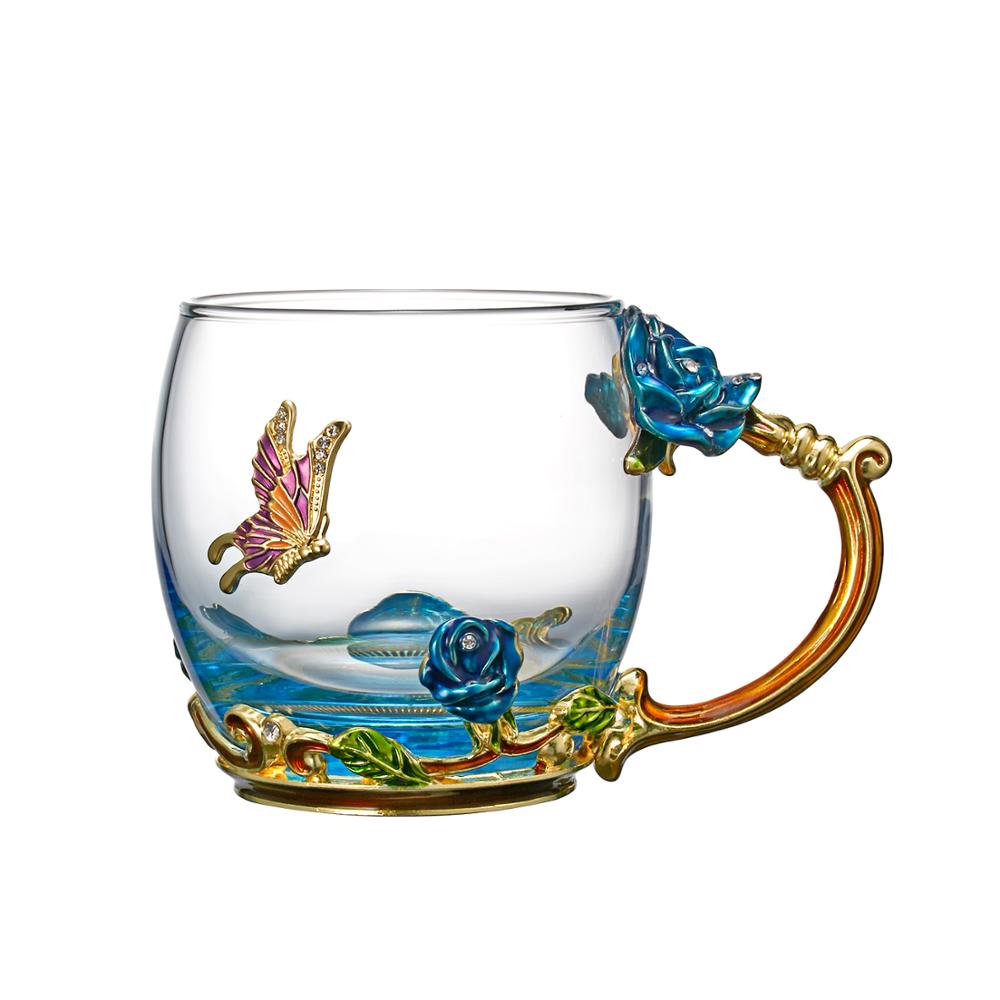 1pc emalj glas kopp kaffe mjölk dryck blomma te kopp set med lock sked box par vänner kopp värmebeständig: Kort