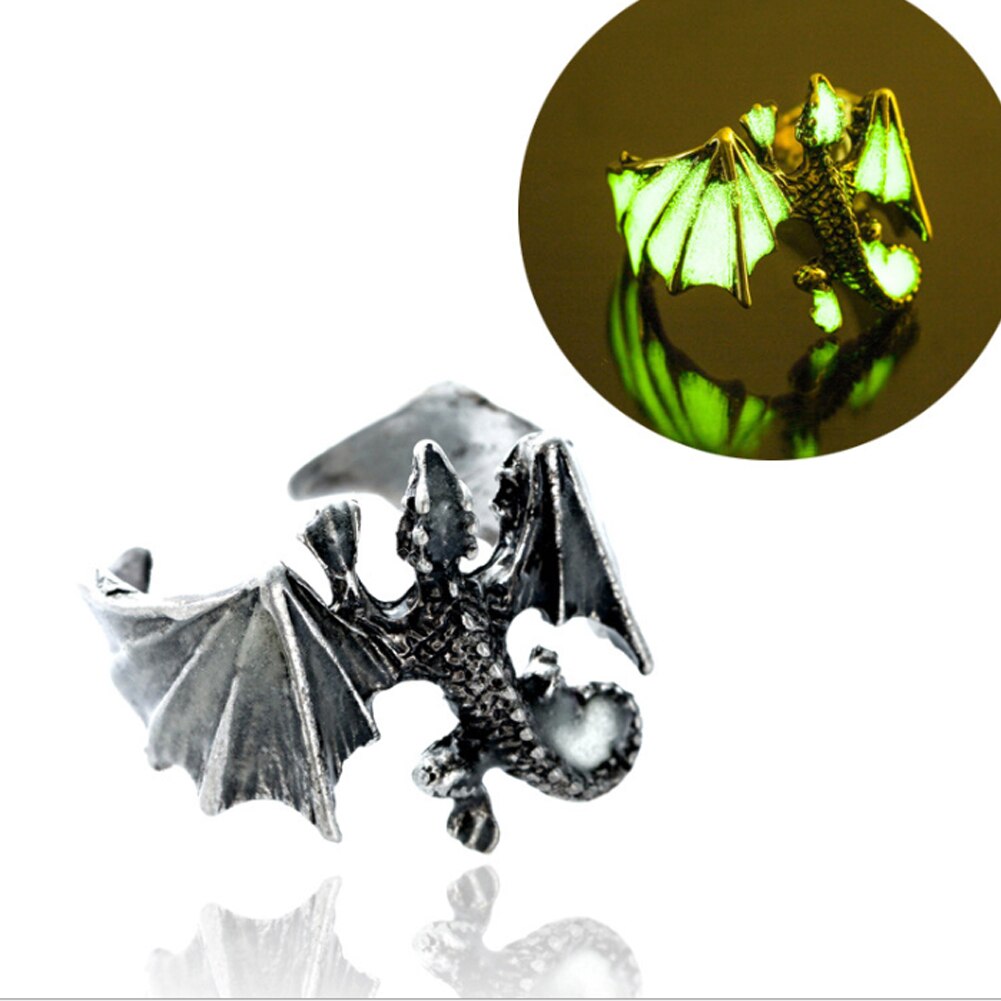 leuchtend Drachen Ring für Männer Einstellbare Größe Nachtleuchtende Nacht Licht glühend in das dunkel Mond Dominierenden Persönlichkeit Schmuck: Silber- Grün